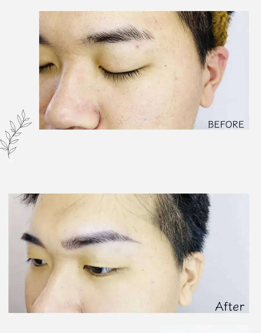 男生飄霧眉施作前後對照，眉型收整齊並補出眉尾｜台中逢甲男士飄霧眉 W.M自然美學空間